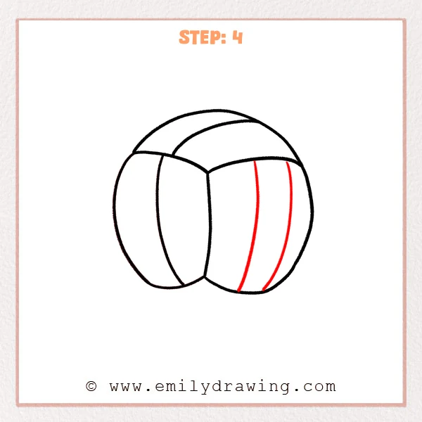how to draw a cartoon volleyball - Step 4 of a cartoon volleyball drawing adds two tall curved seam lines on the right side panel to define more volleyball sections.